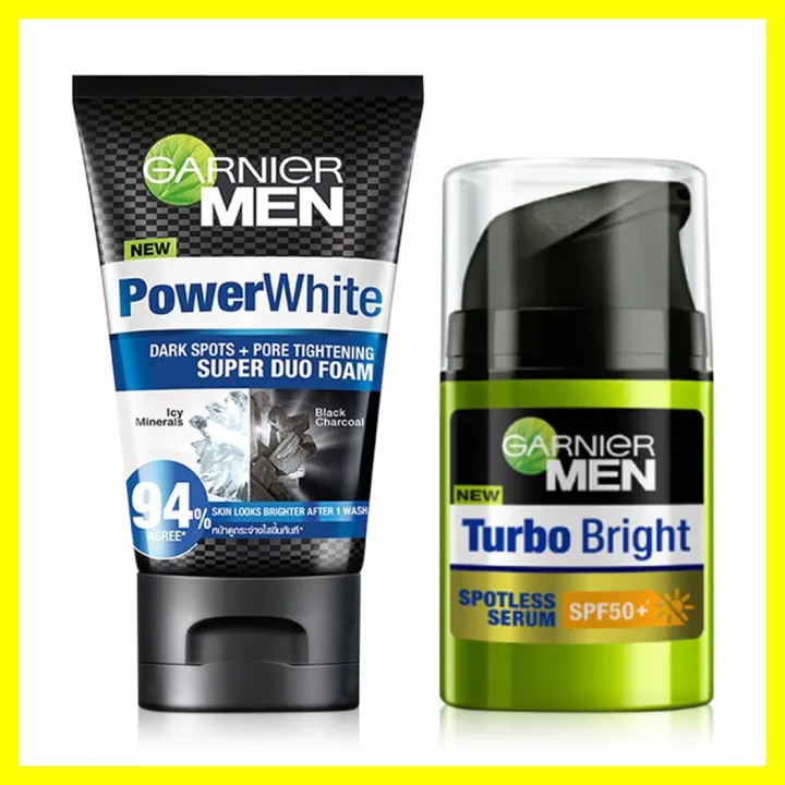 garnier-men-turbo-bright-set-powerwhite-super-duo-foam-100ml-turbobright-spotless-serum-spf50-40ml-เซทผลิตภัณฑ์ดูแลผิวหน้า