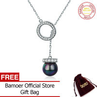 BAMOER จัดส่งฟรี100% 925เงินสเตอร์ลิงวงกลมสีดำเลียนแบบมุกยาวผู้หญิงสร้อยคอจี้เครื่องประดับเงิน SCN200