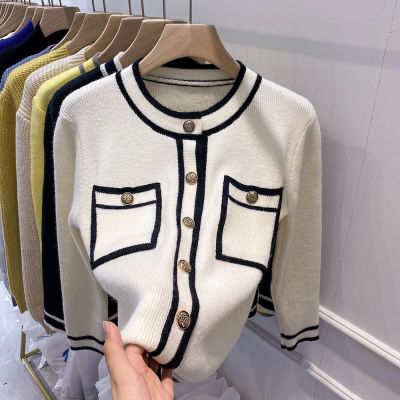Women Jacket Small Fragrance Style Contrast Color Long-sleeved Knitted Cardigan Womens Autumn Loose and Thin Sweater Coat Casual Sweater Casual Sweater