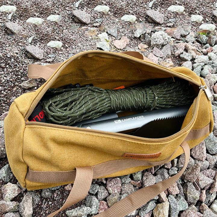 กระเป๋าเก็บเครื่องมือแคมป์ปิ้งแบบพกพา-ความจุปริมาณมากทำด้วยผ้าใบทรงกระบอกกระเป๋าค้อนเชือกเล็บพื้นเต็นท์สำหรับปิกนิกกลางแจ้ง