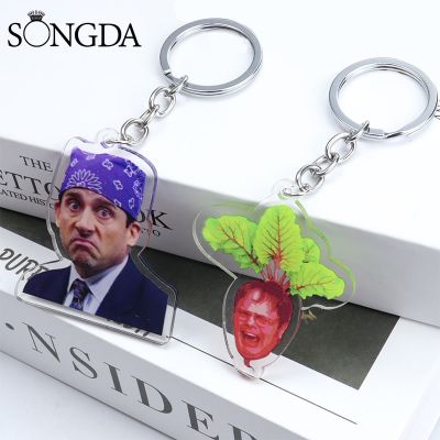 Hot TV The Office Art Funny Keychain Acrylic Dwght Schrute Farms Beets Ryan Started Figures Keyring Key Chains Car Key Pendant Key Chains
