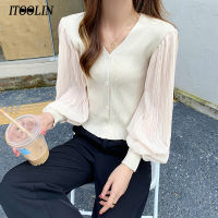 ITOOLIN Autumn Women White Knitted Cardigan All-match Sweet chiffon Shirt V-neck Puff Sleeve Casual Seaside Holiday Blouse