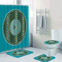 Stylish Turquoise Blue Gold Meander Greek Key Shower Curtain and Bath Rug Set Antique Mandala Abstract Bathroom Mats Home Decor