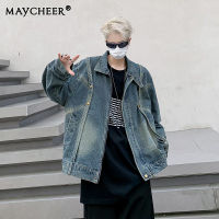 MAYCHEER เสื้อแจ็กเก็ตผู้ชาย-แจ็คเก็ตผ้าเดนิมอเมริกาแบบย้อนยุคชุดทำงานแนวสตรีทเท่และหล่อแจ็คเก็ตผ้าเดนิมด้วยความรู้สึกในการออกแบบ