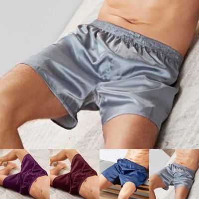 ชุดนอนผ้าซาตินสำหรับผู้ชาย,กางเกงบ็อกเซอร์กางเกงขาสั้นผ้าไหมชุดนอนผ้าไหมพื้นเรียบขาสั้นทรงหลวมผ่าข้างเลานจ์ L-3XL กางเกงบอกเซอร์