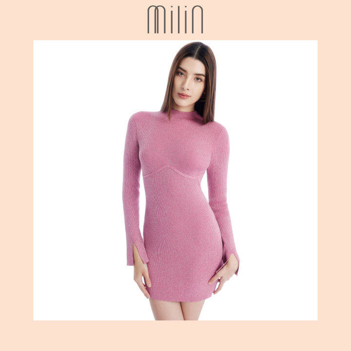 milin-high-neckline-with-open-back-long-sleeves-fitted-knitted-bustier-dress-เดรสคอสูงเปิดด้านหลังทอนิตติ้งทรงเข้ารูปแขนยาว-flirt-dress