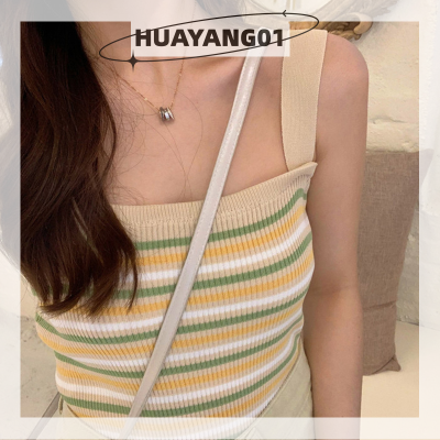 HUAYANG01 [2023 new HOT FASHION] lazlook เสื้อกล้ามถักลายทางวินเทจฤดูร้อนเสื้อกล้ามผู้หญิงแขนกุดหวานเข้ารูป