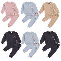 Newborn Infant Baby Solid Knitted Clothes Set Ribbed Cotton Rainbow Embroidery Long Sleeve Tops Drawstring Waist Pants Outfits