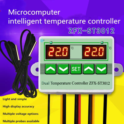 สวิตช์อุปกรณ์ควบคุมอุณหภูมิไฟฟ้าไมโครคอมพิวเตอร์ AC 110-220V DC 12V 24V สวิตช์ควบคุมอุณหภูมิแบบคู่1ชิ้นหัววัดคู่
