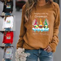 【Ready】Women Sweatshirt All-Match Round Neck Cotton Blend Xmas Faceless Old Man Print Pullover Streetwear