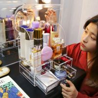 Transparent Cosmetic Storage Box Makeup Organizer Bathroom Accessories Lipstick Plastic Storage Rack Drawer Flip Large Capacity