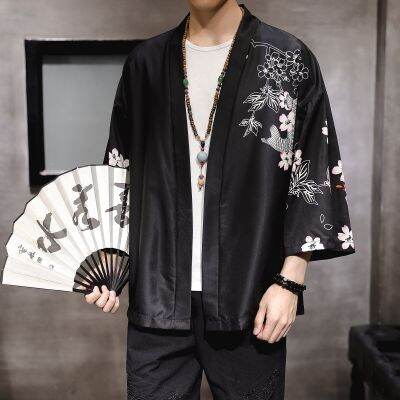 เครนปลาไชน์ชิลล่าสำหรับบุรุษเสื้อผ้าไซส์ใหญ่ญี่ปุ่นเสื้อคาร์ดิแกน Kimono ดำสไตล์โอเรียนเต็ลฤดูร้อน2021