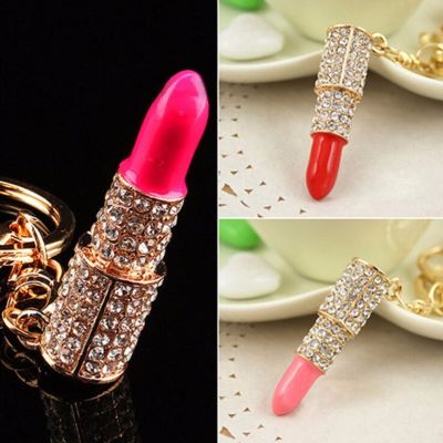 Fashion Metal Full Rhinestone Lipstick Red Keychain Bag Pendant Key Chain For Woman Gift