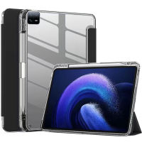 สำหรับ Xiaomi แผ่น6เคส Mi Pad 6 Pro มีที่ใส่ดินสอใสดูหรูหราอะคริลิคแบบแข็งด้านหลังเป็นขาตั้งพับสามทบเคสแบบพับปิดได้ตื่นอัตโนมัติเคสอัจฉริยะสำหรับแผ่น Xiaomi 6/แผ่น Xiaomi 6 Pro 2023 11.0นิ้ว