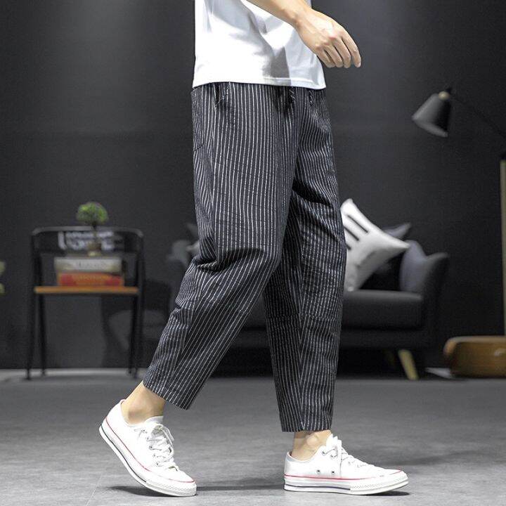 summer-mens-large-size-classic-harem-pants-3-colors-casual-fashion-stripe-drawstring-cropped-pants-linen-thin-trousers