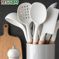 Silicone Kitchen Utensils Set Cookware High Temperature Resistant Non-Stick Wooden Handle Silicone Baking Tool With Storage