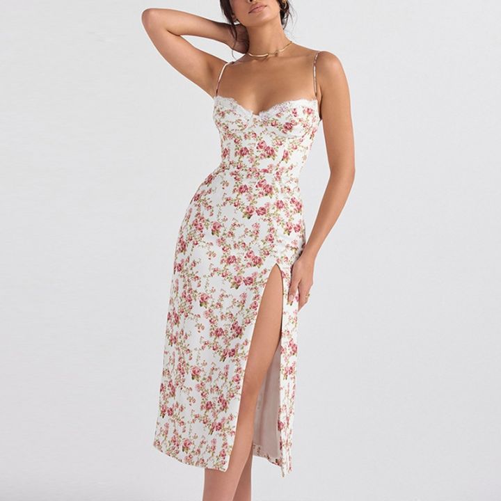 sweet-and-pure-and-fresh-rural-wind-splicing-printing-flower-bud-silk-dress-skirt-to-show-thin-split-condole-belt-of-tall-waist-of-dress