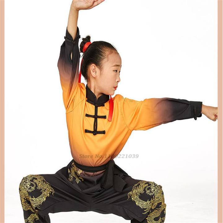 2023ชุดจีนโบราณชุดกังฟูสำหรับเด็กชุดวูซูปีกชุนไทชิชุดสูทศิลปะการแสดงพื้นบ้าน