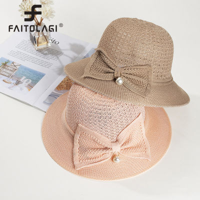 [hot]New Women Straw Hat Sweet Bow Pearl Pendant Sunhat Summer Large Wide Brim UV Protection Cap Female Basin Caps Sunshade Bonnet