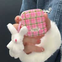 Korean Pink Green Lattice Plush Rabbit Pendant Case For Airpods 2  3 Pro 2 Earphone Case Charge Box Soft Wireless Bluetoon Cover Wireless Earbud Cases