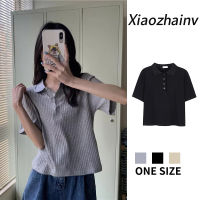 Xiaozhainv เสื้อโปโลผู้หญิง,เสื้อถักแขนสั้นสีพื้นแนวเรโทรสไตล์เกาหลี