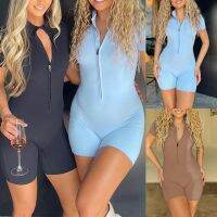 Modelhouses # Women ฤดูร้อนชุดแขนสั้นของเด็ก Bodycon คอตั้งซิปขึ้น Jumpsuit กางเกงขาสั้น Streetwear