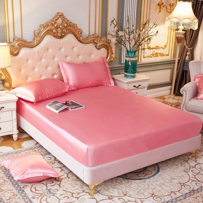 Luxury Satin Silk Fitted Sheet High-End Solid Color Mattress Cover Elastic Band Bed Sheet