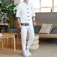 Linen Zen Tea Tee Tops Pants Kung Fu Uniform Oriental Fashion Casual Loose T-shirt Chinese Retro Style Tang Suit Men Trousers