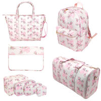 【cw】Pink Blue Printed Bow Cosmetic Bag Toiletry Pouch Waterproof Storage Nylon Outdoor Makeup Bag Travel Backpack Luggage Organizer