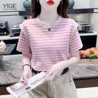 YIGE 2023เสื้อสเวตเตอร์ชุดปักแขนสั้นแบบสวมหัวลายทางสีชมพูคอกลมเกาหลีฤดูร้อน Atasan Bahan Rajut