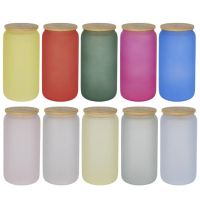 12Pcs-100Pcs 16Oz Sublimation Frosted Cold Water Changing Color Glass Tumbler Bottle Cola Beer Can Beverage Cup With Bamboo Lids