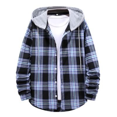 Men Casual Shirts Jackets Autumn And Winter Coats Outerwear Plaid Print Hooded Collar Long Sleeve Shirts Casual Blouse Mens