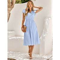 【YF】 2023 Summer New Casual Womens Dresses Solid Color V-neck Tapered Waist Fresh and Sweet Style Girls