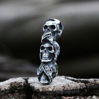 Freeshipping Vintage Punk Rock Evil Skull Trio Statue No See No Hear No Speak No Skeletons Skull Stainless Steel For Man V004