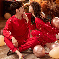 Couple Pajamas Set V-Neck Red Color Autumn Long Sleeves Home Suit Print Lovers Sleepwear Comfortable Two-piece Pyjamas Female