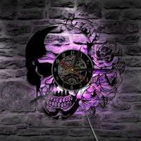 Skull With Rose Vintage Vinyl Record Wall Clock With LED Backlight Hippie Skull Modern Wall Hanging Decorative Lighting