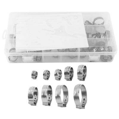 Stainless Steel Single Ear Hose Clamp, 80Pcs 6-23.6mm Crimp Hose Clamp Assortment Kit Ear Stepless Cinch Rings Crimp Pinch Fitting Tools (1/4 Inch - 15/16 Inch)