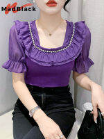 MadBlack Summer Square Collar เสื้อยืดผู้หญิงเซ็กซี่ Glitter Beaded Ruffled Slim Cotton Tops Short Sleeve Tees ใหม่2023 T34427C