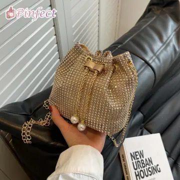 Luxury Diamonds Bucket Bag Design Shiny Rhinestone Shoulder Bag Evening Party Bag Wide Shoulder