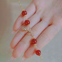 Antanciepp กำไลข้อมือลูกปัดทรงกลมโมราสีแดงธรรมชาติกุหลาบทองปรับได้ที่คาดผมลายดอกไม้ของขวัญเครื่องประดับสวยงามสไตล์อ่อนโยน