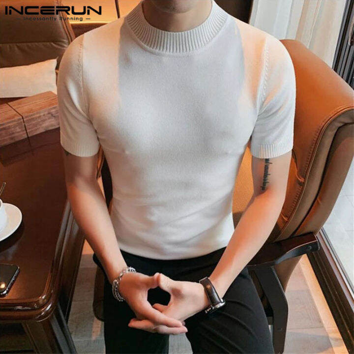 incerun-เสื้อทีเชิ้ตเข้ารูปเสื้อชิ้นบนแขนสั้นลำลองสำหรับฤดูร้อนของผู้ชาย