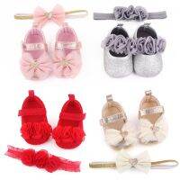 【hot】！ Baby Shoes With Hairband Folwer Toddler Soft Infant Baptism