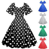 KKPolka Dot Flare ชุด1950S Audrey Hepburn ชุดน่ารักกลางความยาว Wave Flare ชุดเวทีปาร์ตี้ Dressq11