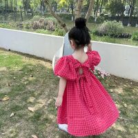 Summer Rose Pink Plaid Bow Dress Elegant Lolita Child Girls Dress Children Dresses Teens Party Princess Sundress Kids Clothes  by Hs2023