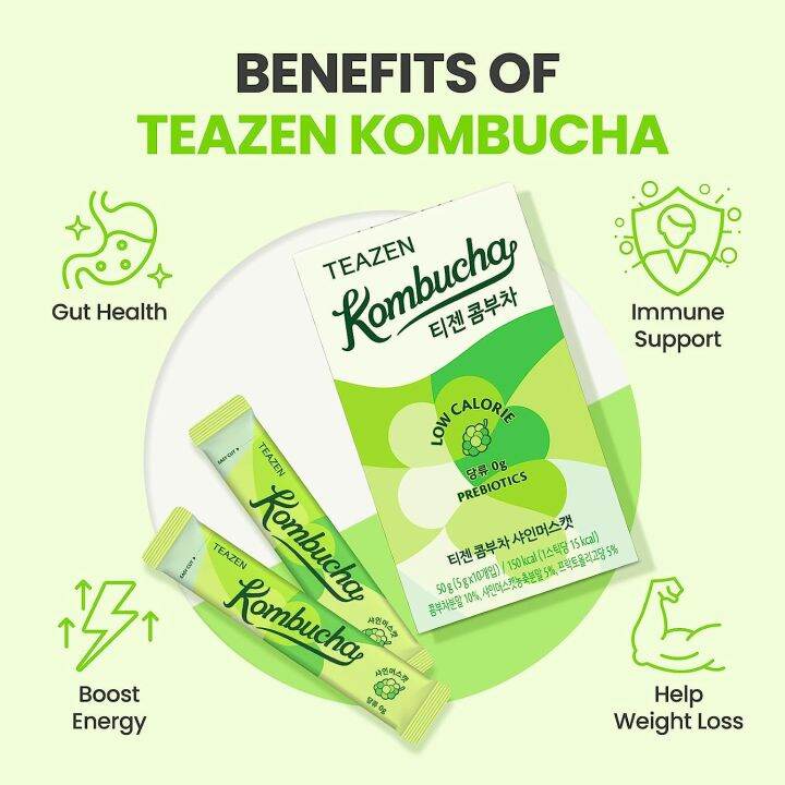 Teazen Kombucha Tea, Zero Sugar, Sparkling Fermented Powdered Mix Beverage from Korea, Live