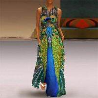 Summer Womens Sexy Dress Holiday Birthday Dresses For Woman Peacock Feather Print Casual Dress For Women 2023