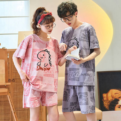Summer Couples Pajamas Sets Women Men Pyjamas Cute Boys Girls Sleepwear Cartoon Cat Dinosaur Femme Loose Lovers Pijamas Suit