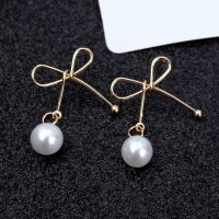 Korean Style Imitation Pearl Drop Earrings for Women Gold Color Bowknot Metal Round Ball Earrings Party Wedding Jewelry Sweet