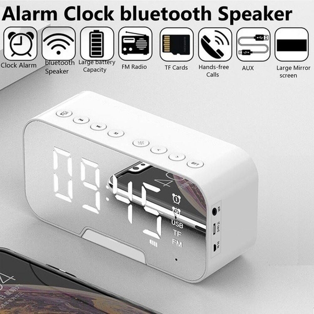 Black LED Digital Display Mirror Snooze Sleep Timer Dual Alarm Clock Radio with Wireless Bluetooth Speaker FM Radio Music Player Temperature Display 