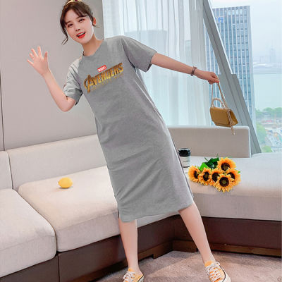 Q48(จัดส่งโดยKerry)เดรสยาวเสื้อยืดแฟชั่นผู้หญิงสไตล์เกาหลี คอกลมแขนสั้น เนื้อผ้ายืดหยุ่นดี กระโปรงเสื้อยืดทรงสวย แนวหวานสดวัยรุ่นน่ารั